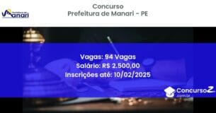 Concurso Público 1037 prefeitura de manari pe 94 vagas maio 2025