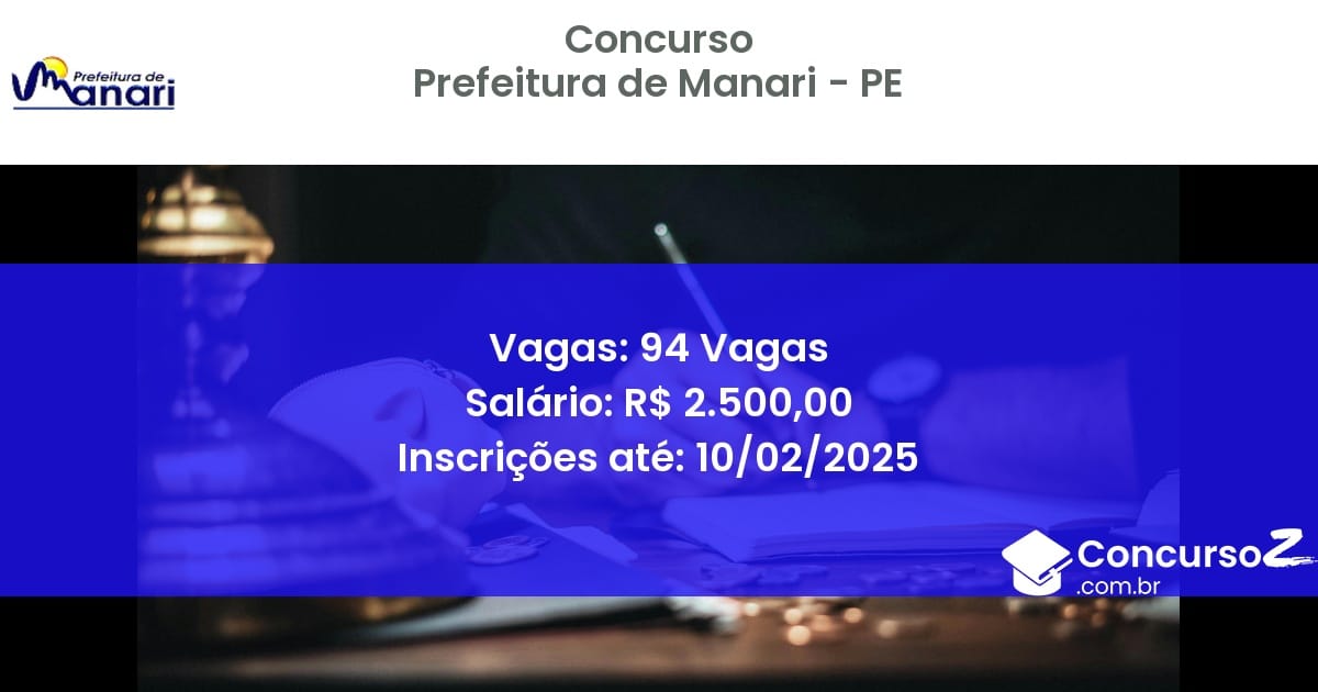 Concurso Público 1037 prefeitura de manari pe 94 vagas maio 2025