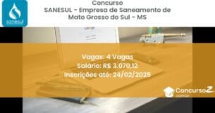Concurso Público 1123 sanesul empresa de saneamento de mato grosso do sul ms 4 vagas junho 2025
