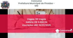 Concurso Público 158 prefeitura municipal de pirauba mg 50 vagas junho 2025