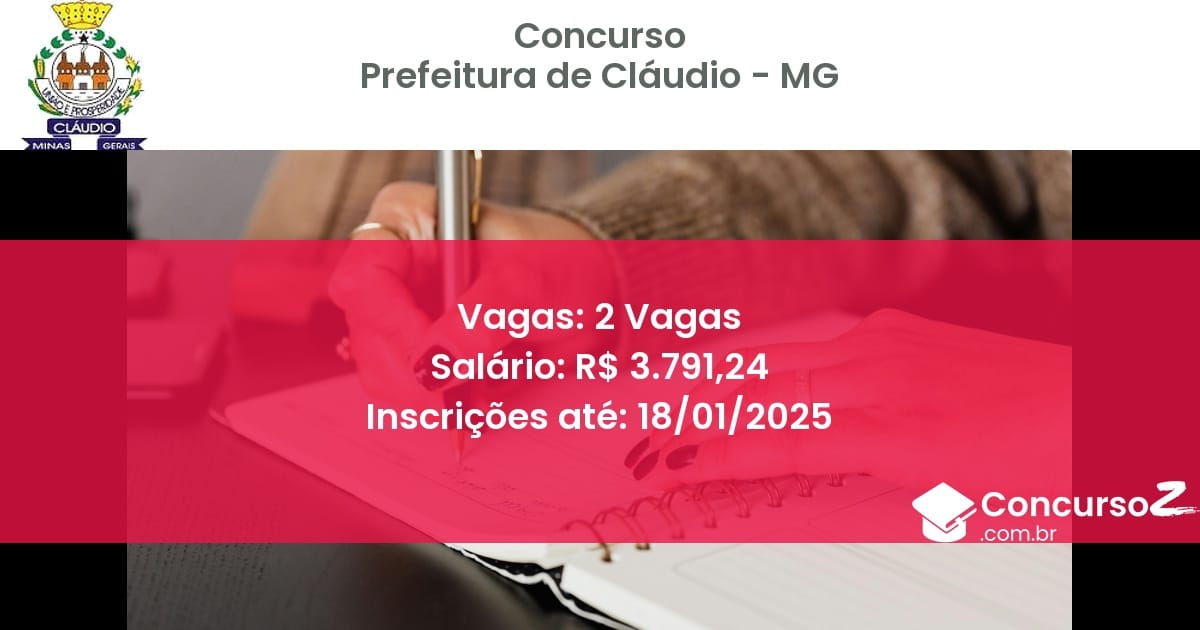 Concurso Público 428 prefeitura de claudio mg 2 vagas julho 2025