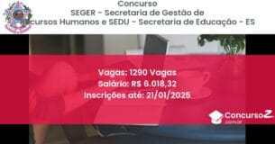 Concurso Público 440 seger secretaria de gestao de recursos humanos e sedu secretaria de educacao es 1290 vagas julho 2025