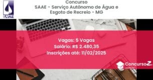 Concurso Público 632 saae servico autonomo de agua e esgoto de recreio mg 5 vagas julho 2025