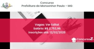 Concurso Público 898 prefeitura de monsenhor paulo mg ver edital junho 2025