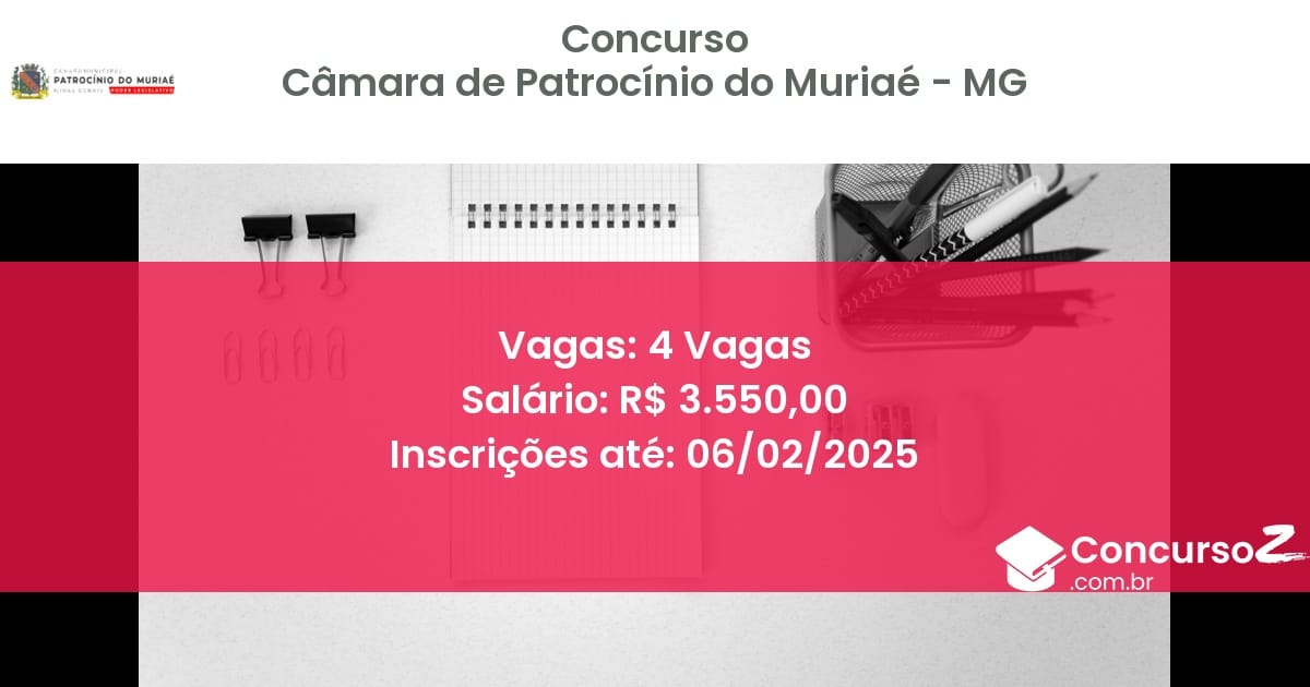 Concurso Público 90 camara de patrocinio do muriae mg 4 vagas setembro 2025