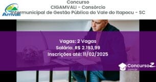 Concurso Público 958 cigamvali consorcio intermunicipal de gestao publica do vale do itapocu sc 2 vagas julho 2025