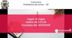 Concurso Público 1457 prefeitura de leme sp 10 vagas junho 2025