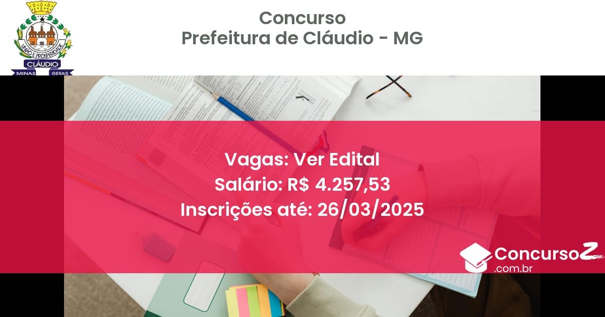 Concurso Público 1725 prefeitura de claudio mg ver edital julho 2025