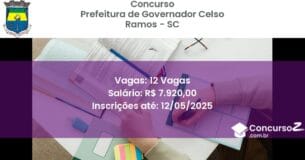 Concurso Público 2836 prefeitura de governador celso ramos sc 12 vagas junho 2025