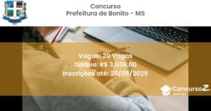 Concurso Público 3077 prefeitura de bonito ms 20 vagas junho 2025