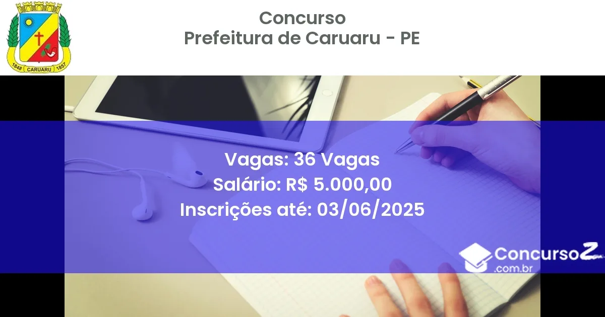 Concurso Público 3369 prefeitura de caruaru pe 36 vagas junho 2025