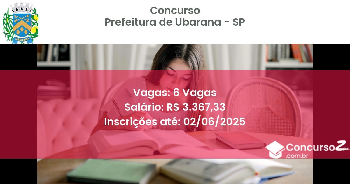 Concurso Público 3399 prefeitura de ubarana sp 6 vagas junho 2025