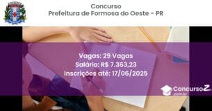 Concurso Público 3422 prefeitura de formosa do oeste pr 29 vagas junho 2025