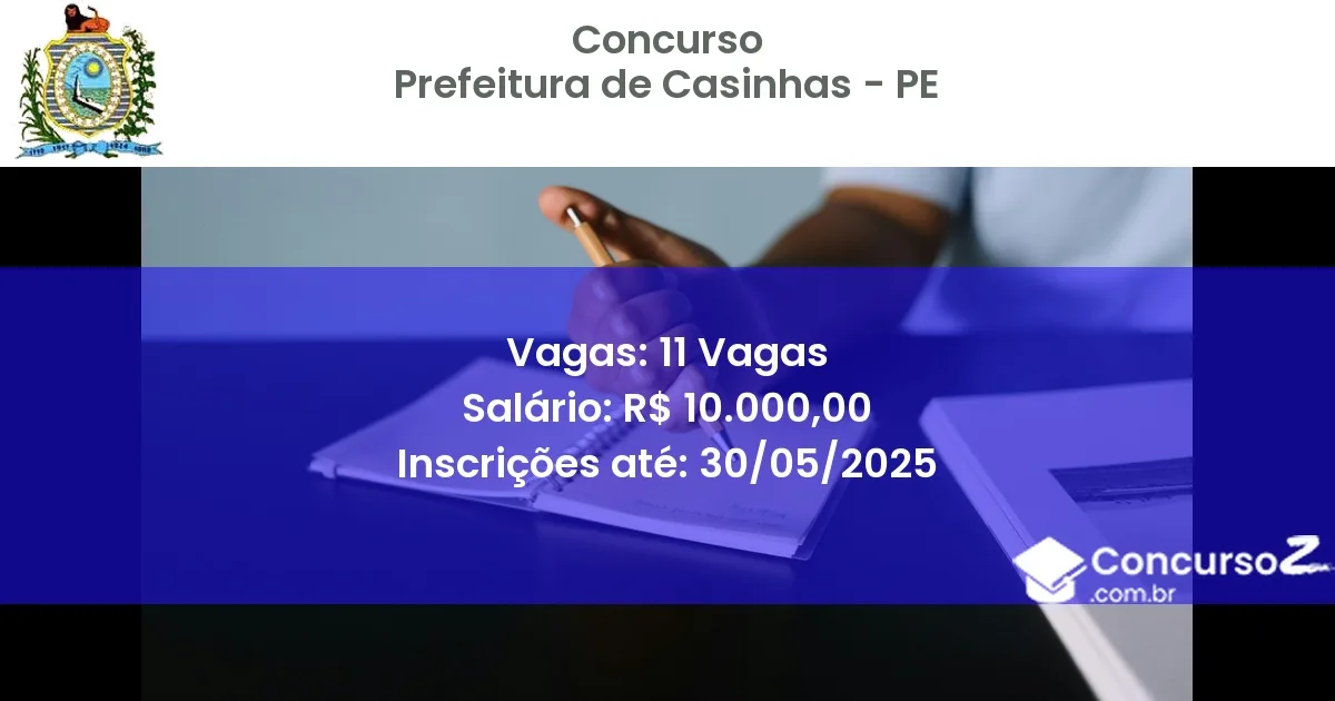 Concurso Público 3472 prefeitura de casinhas pe 11 vagas junho 2025